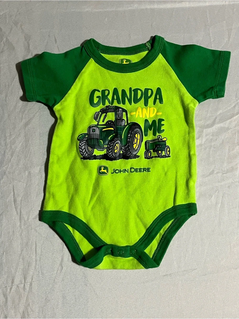 John Deere Green and Dark Green Tractor Baby Onesie Size 6/9 Months